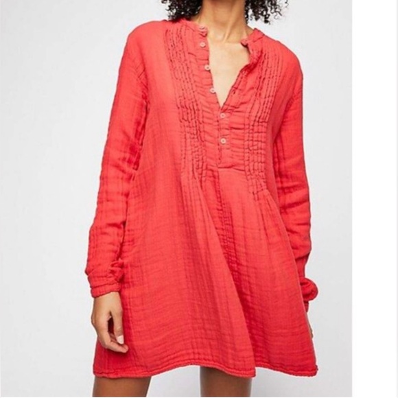 FREE PEOPLE X CP SHADES RED CORAL PINCH PLEAT YOKO SLUB COTTON TUNIC DRESS XS - Picture 1 of 11